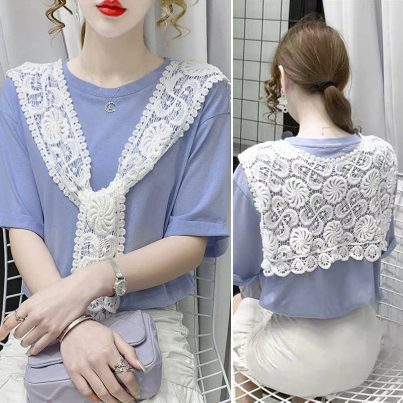 

Summer Fashion Women Lace Knitted Shirt Fashion Hook Flower Hollow Fake Collar Small Shawl Casual Sun Protection Scarf
