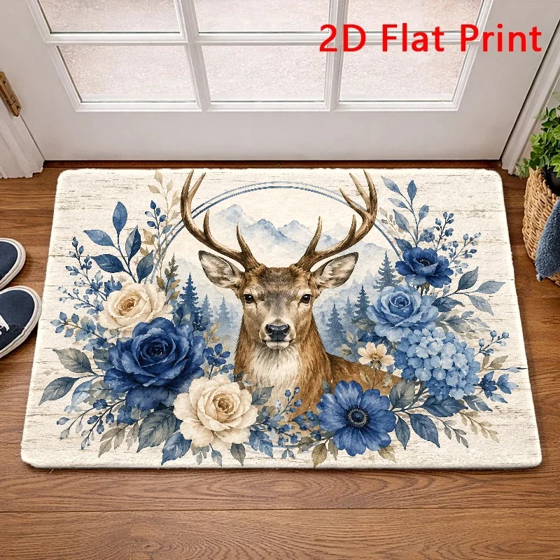 Front Door Mat Serene Deep Blue Roses Printed Carpet Elegant Antlered Stag Watercolor Hydrangeas for Entrance Hallway
