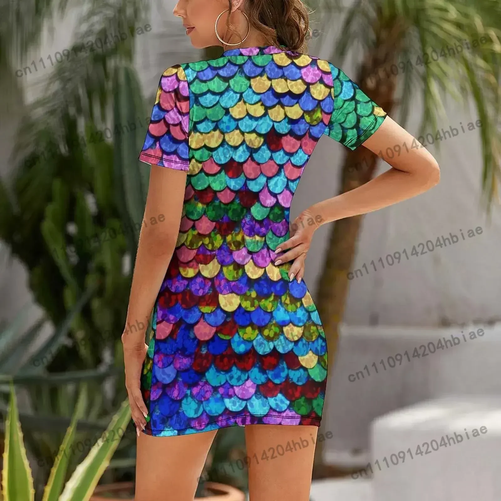 Rainbow sequin print Short-Sleeved Dress Bride dresses summer clothes Dress vintage Dress