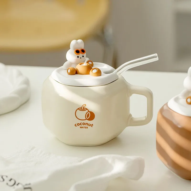 

Креативные мультяшные кружки с крышкой и соломинкой, в качестве сувениров, керамические кружки с милым кроликом, аксессуары для домашней утвари для питья