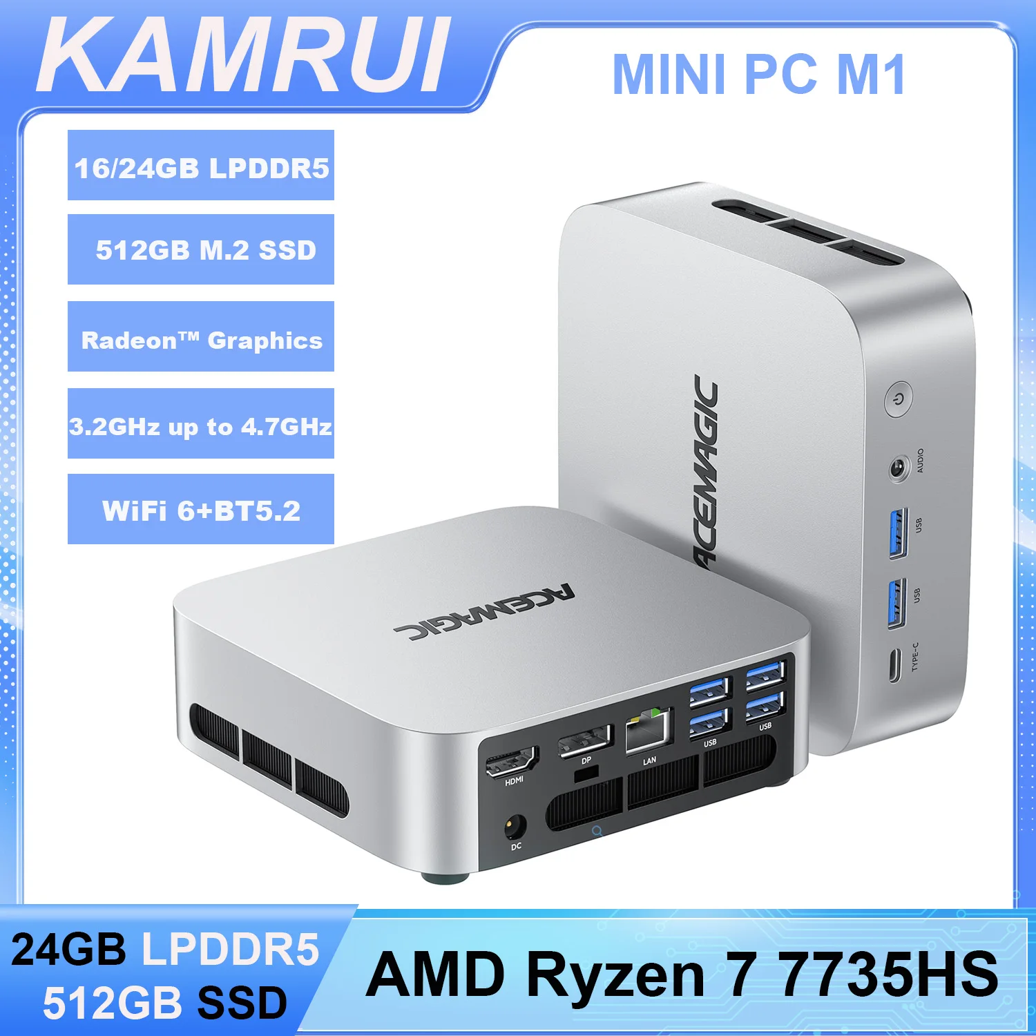 KAMRUI Mini PC AMD Ryzen7 7735HS 16/24GB LPDDR5 512GB M.2 NVMe SSD Radeon 4K WiFi 6 Win11pro Mini Desktop Computers for Gaming