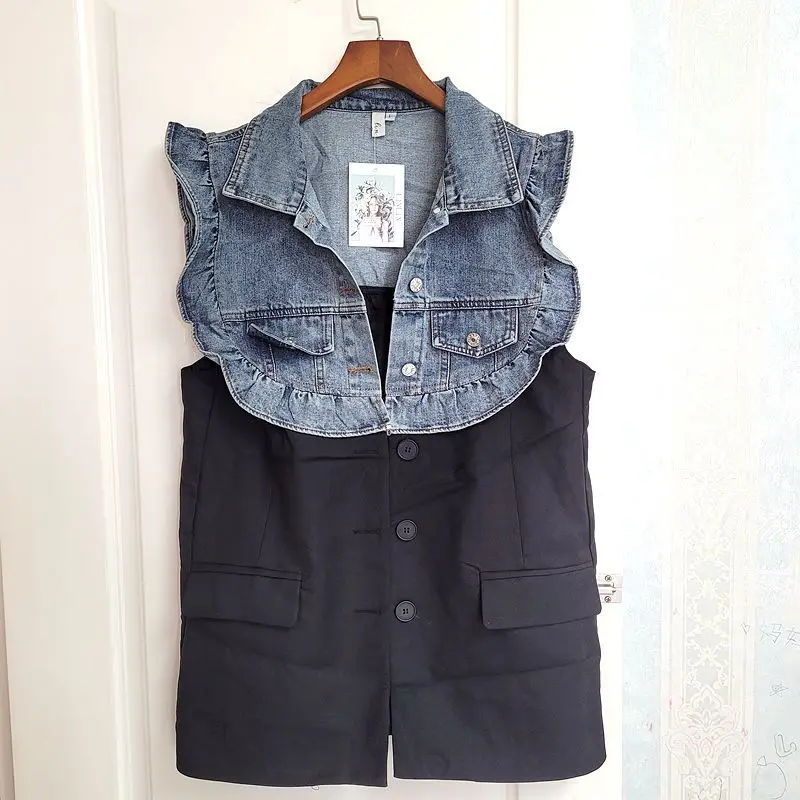 Fashion Ruffle Cowboy Stitching Suit Vest Women Spring Casual Lapel Single-breasted Sleeveless Denim Jacket Female Waistcoat