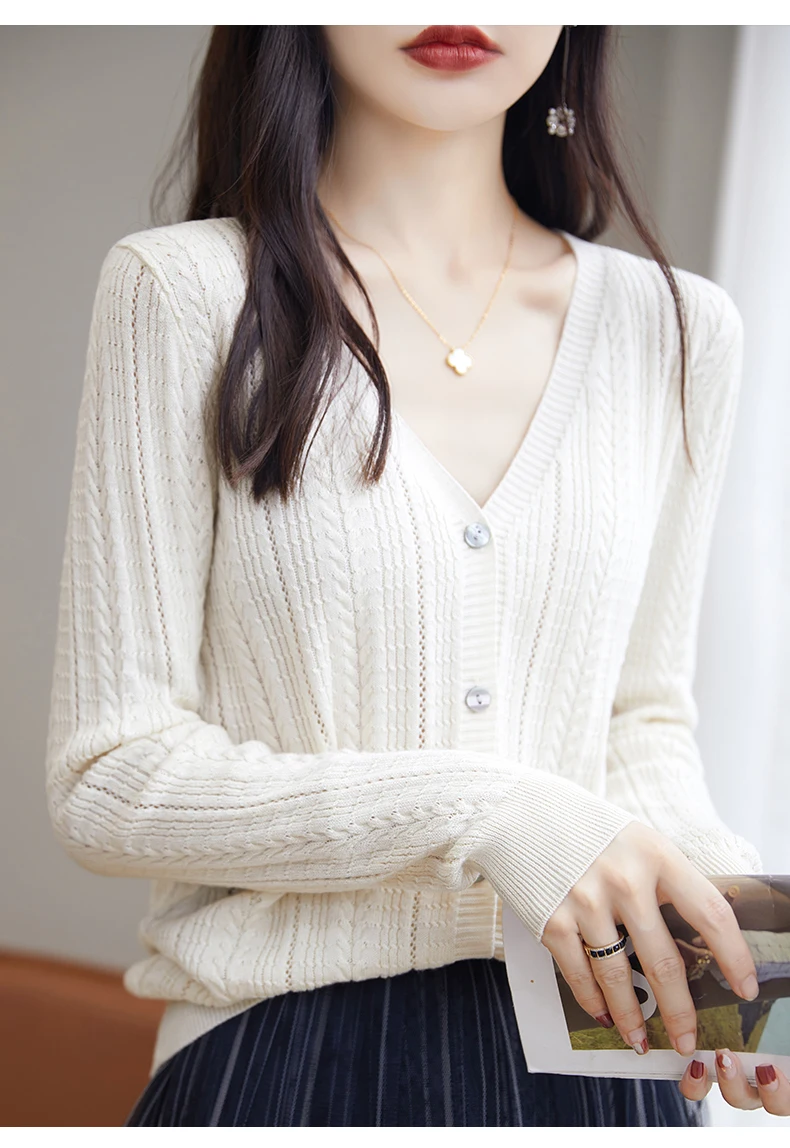 100% Cotton Spring/Summer Hollow v Neck Long Sleeved Sun Proof Air-Conditioned Shirt, Comfortable Fashionable Cardigan