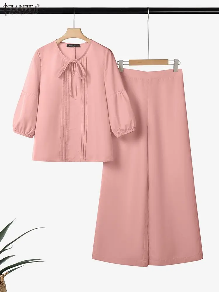 2025 ZANZEA الخريف بانت مجموعات النساء 2 قطعة وتتسابق س الرقبة 3/4 كم بلوزة بنطلون عادية الصلبة OL العمل رياضية 2 قطع مجموعات