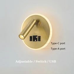 Modern Versatile LED Wall Sconce Lamp with Dual USB Ports & Adjustable Side Reading Lights for Modern Bedrooms Studiesand Hotels