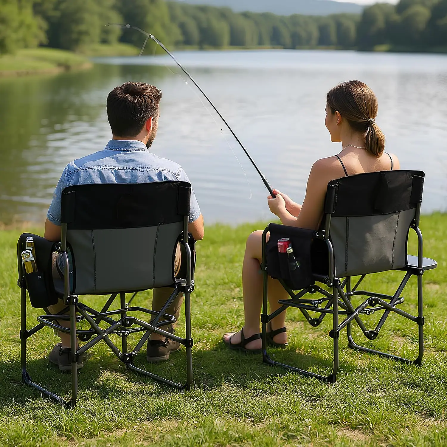 Oversized Camping Directors Chair Folding Lawn Chair For Adults Heavy Duty 330LBS With Side Table Cup Holder Portable Outdoor
