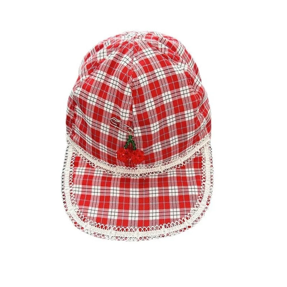 

Creative Sunscreen Cherry Pin Cap Peaked Cotton Red Plaid Hat Sweet Cute Lace Baseball Cap Girls