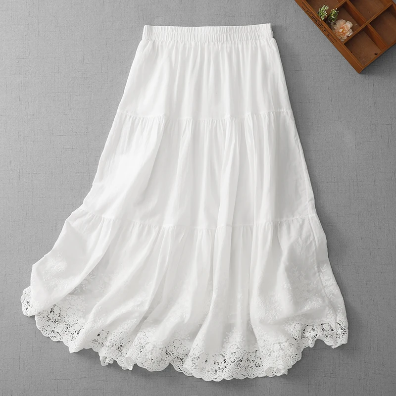 

High-End European Style Lace Trim Splicing Hook Flower A-Line Skirt Women Summer Korean Sweet Anti-Aging Skirts