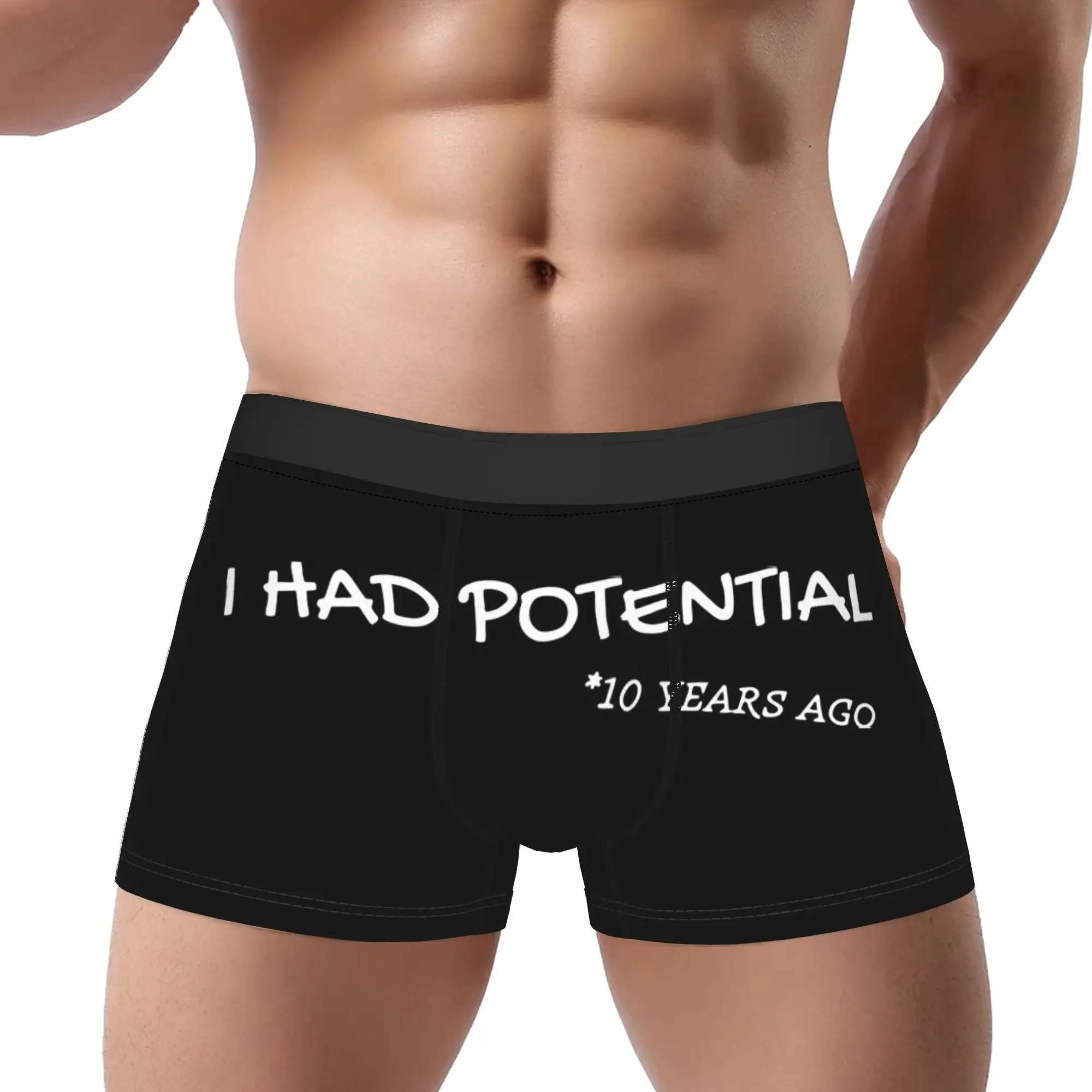 

Мужские трусы-боксеры с принтом: дышащие, комфортные, с надписью "I Had Potential 10 Years Ago" (белый текст)