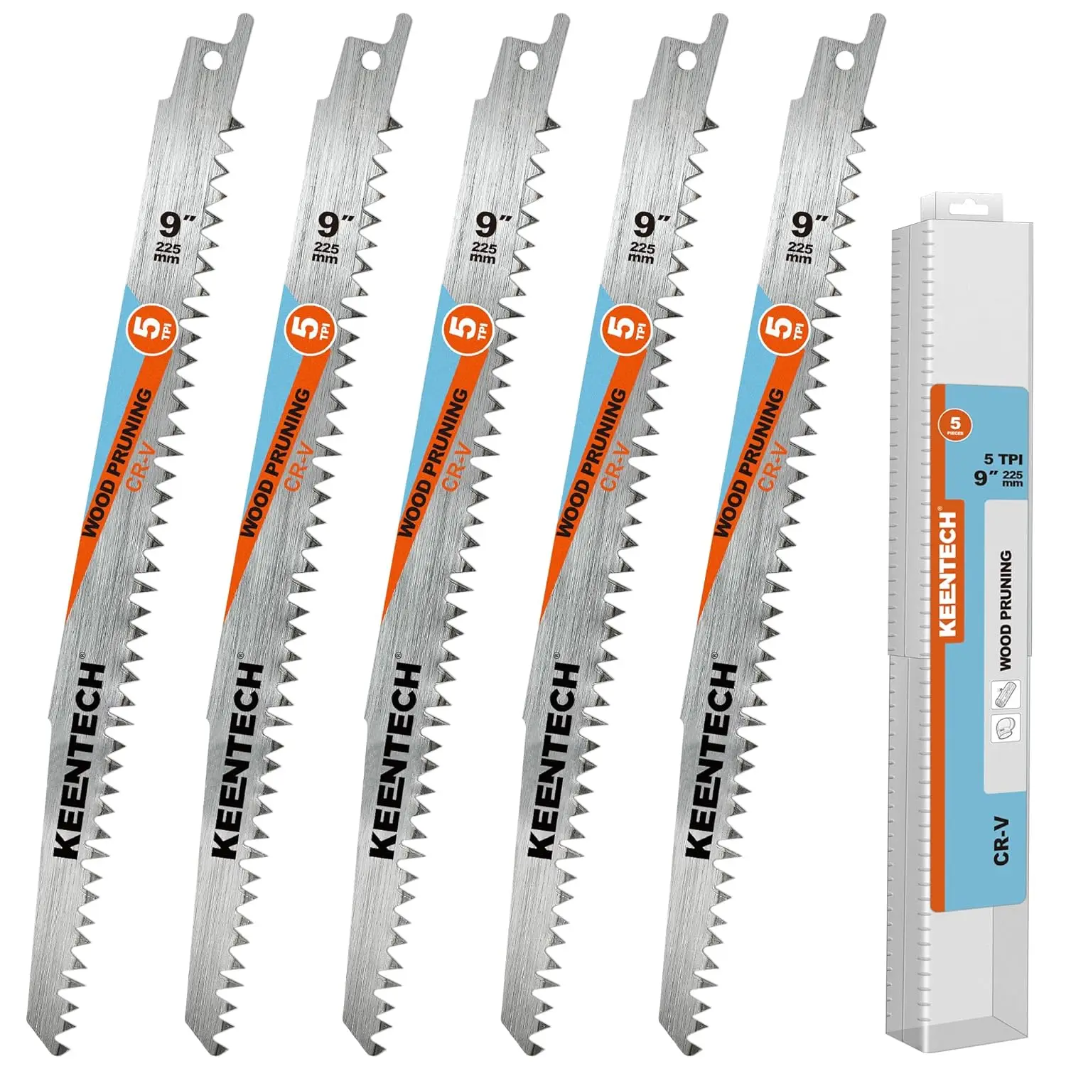 

9-Inch 5-Pack Reciprocating Saw Blades for Wood Cutting and Tree Pruning, 5 TPI Fleam Teeth, Universal Fit