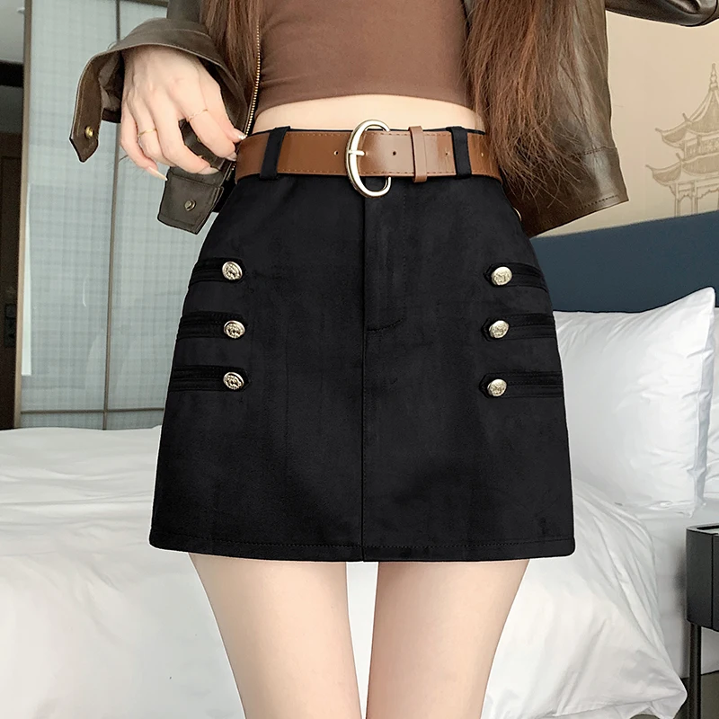Retro Tooling Style Double-breasted Skirt Women's Autumn and Winter High-waisted A-word Short Skirt