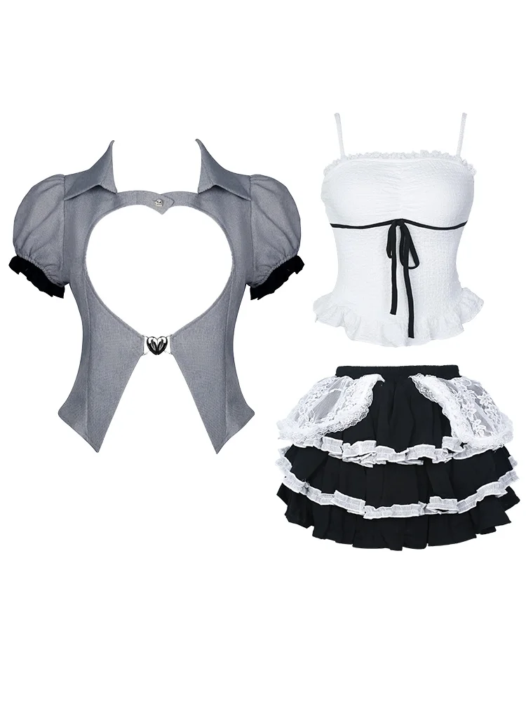 2024 Summer Japanese Sweet Slim 3 Piece Set Women Causal Y2k Cardigan + Kawaii Cute Vest + Elegant Lace Mini Cake Skirt New