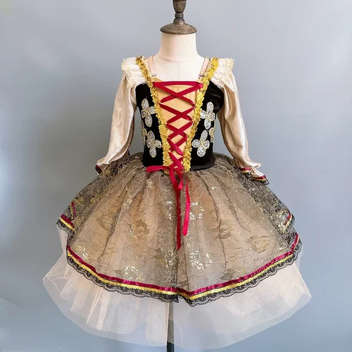 Falda tutú de Ballet larga de encaje de lentejuelas profesional negra para niñas vestido de baile de tul vestido de Ballet romántico para niños Ropa de baile