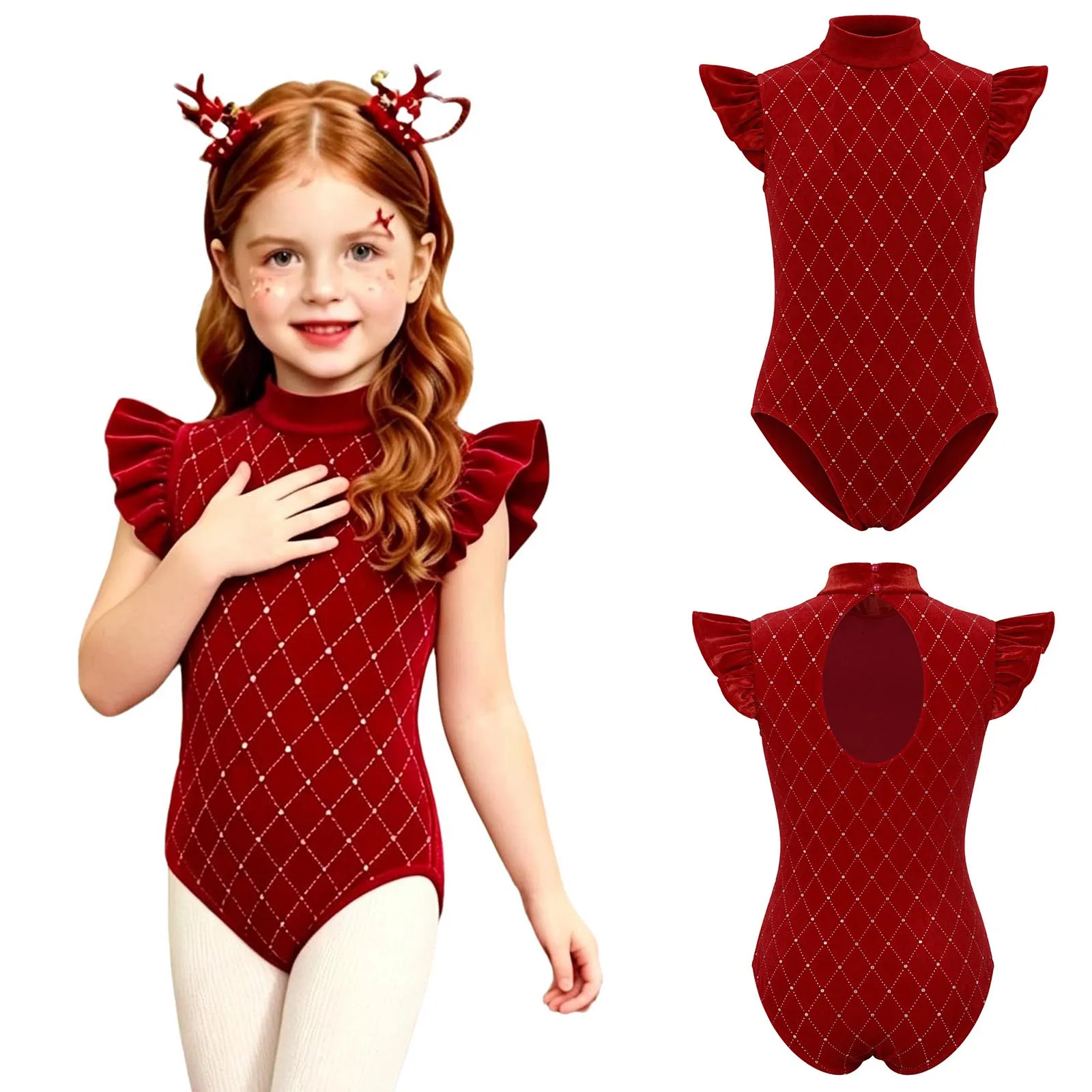 Kids Girls Metallic Rhombus Velvet Dance Leotard Mock Neck Ruffled Cap Sleeves Gymnastics Ballet Unitard Figure Skating Bodysuit