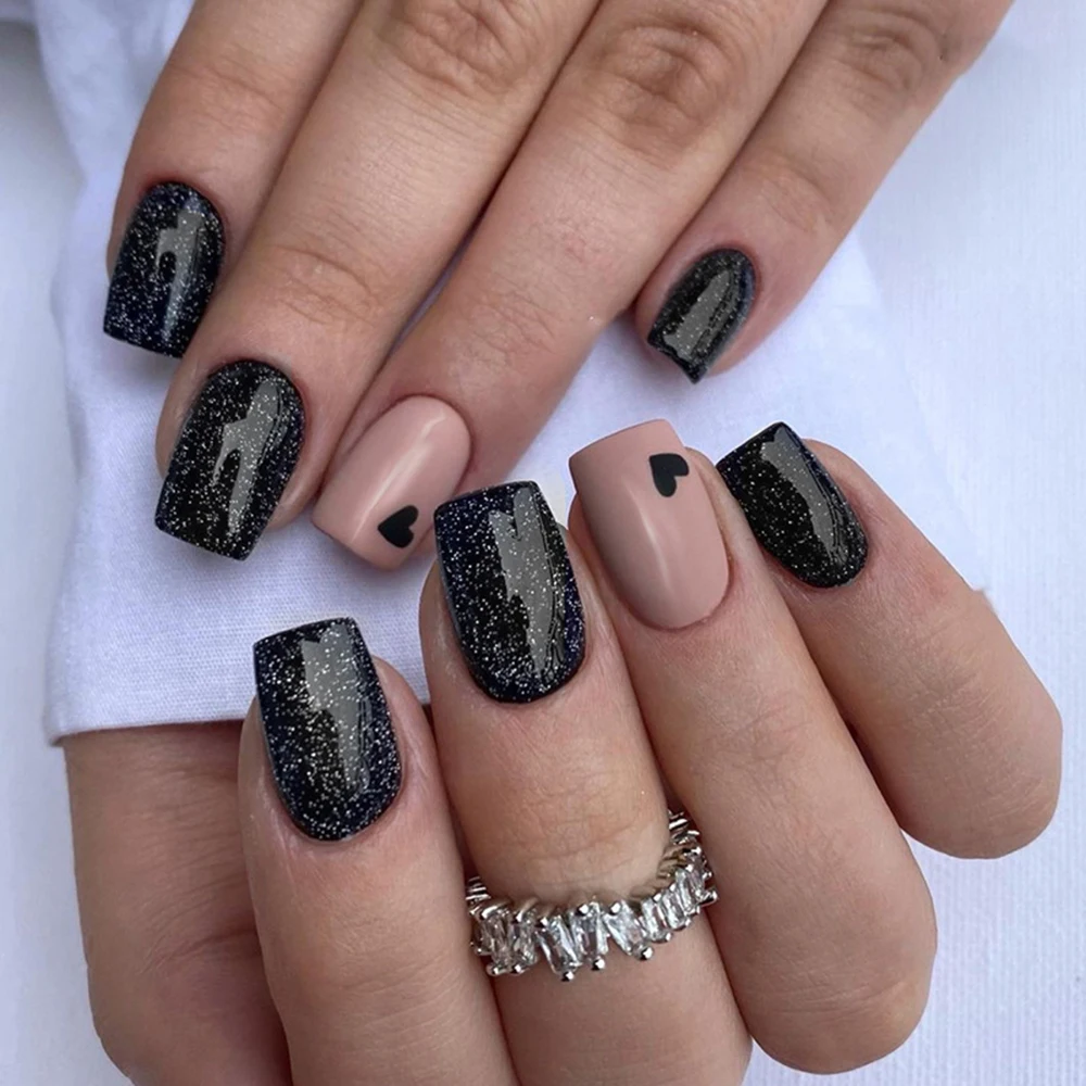 24pcs Medium Square Black Press On Nails Highlight Nails Love Design Nails Glitter Powder Fake Nails  Press On Nails