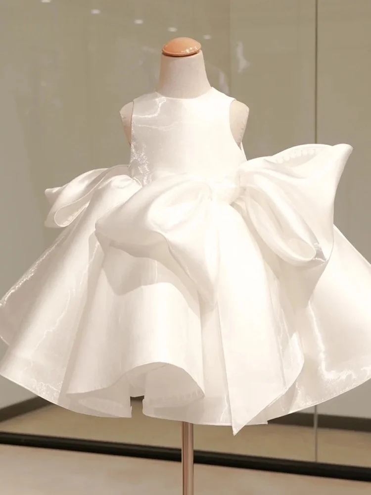 Custom Flower Girl Dress Wedding Gown Party Dress Sleeveless Round Neck Oversized Bow Satin Mini Gown for Girls Wedding and Part