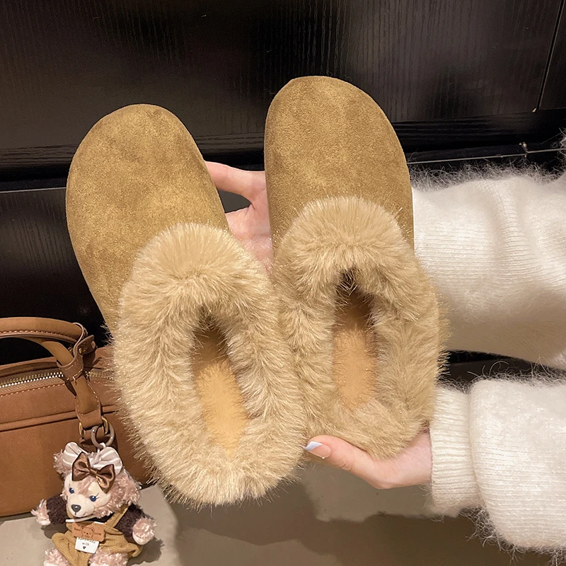 Aphixta New Shallow Warm Winter Shoes Furry Women Slippers Leopard Print Suede Mules Short Plush Lining Flat Heel Woman Shoes