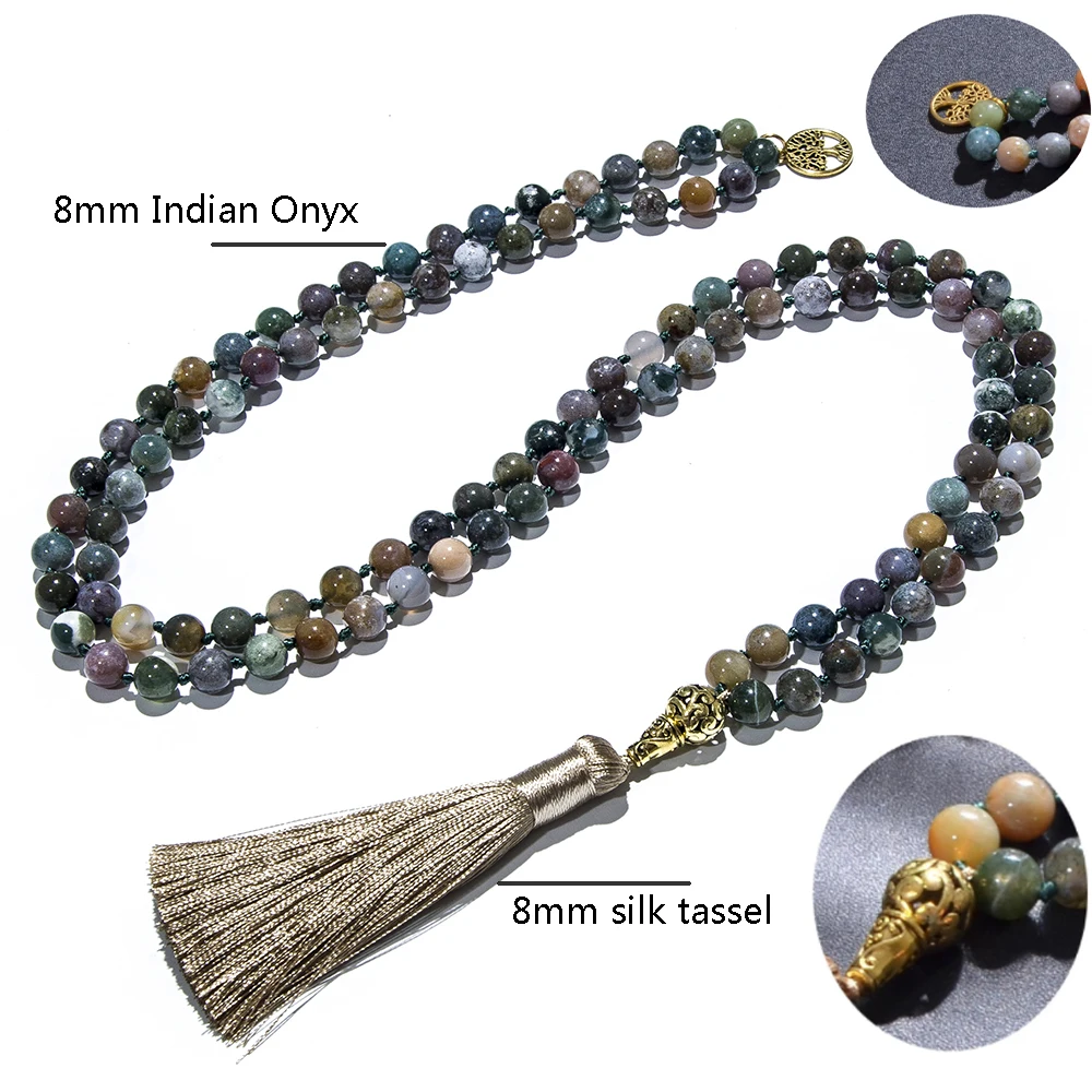 8mm Indian Agate Knotted 108 Mala Beads Necklace Meditation Yoga Prayer Beads Japamala Rosary Jewelry for Men and Women