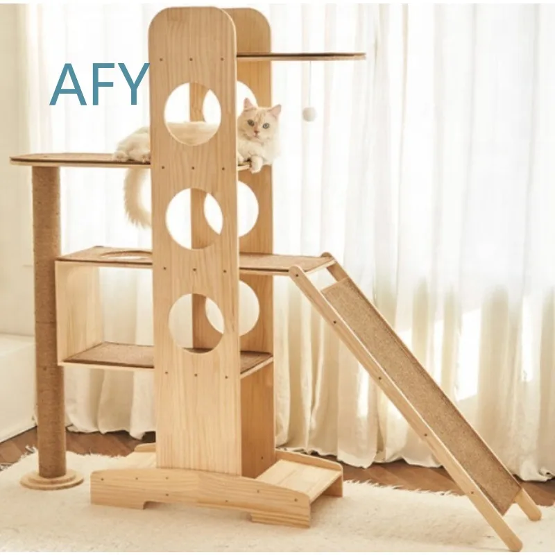Multi-Level Cat Tower for Indoor Outdoor Use with Hammock Design Wood Scratching Posts for Kittens New Year Gift Cat Tree for