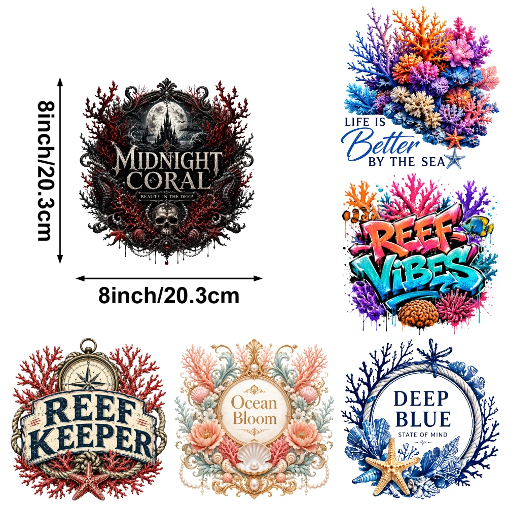 6 Pcs Coral Bouquet Iron on Transfers Press Washable Stickers for Clothing T-Shirt Jeans Applications casual style. Easy to