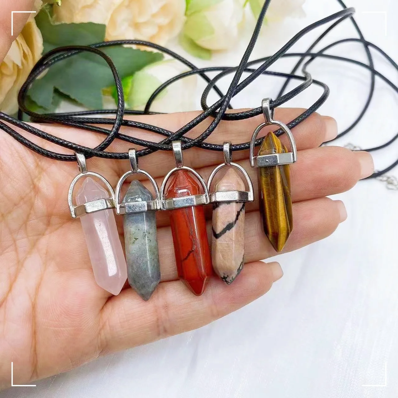 Natural Crystal Stone Hexagonal Point Pendant Necklaces Crystal Healing Rose Quartz Opalite Bullet Chakra Jewelry Pendant Gift