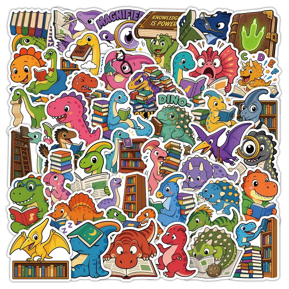 

10/30/50pcs Funny Cute Cartoon Dinosaur Reading Books Stickers for Scrapbook Phone Motorcycle Helmet Waterproof Graffiti Sticker