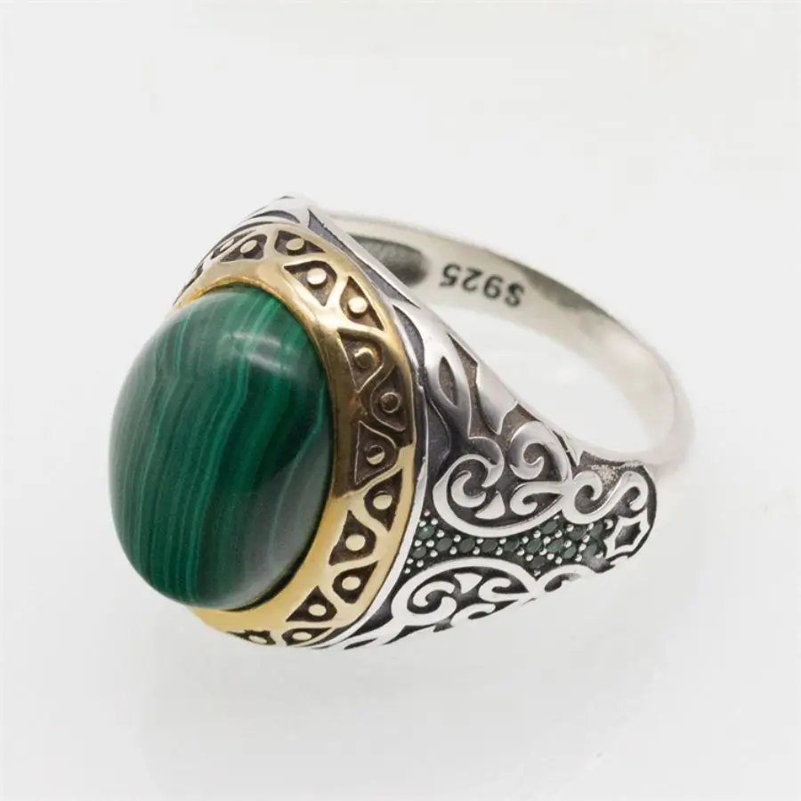 Wholesale Real 925 Sterling Silver Turkish Ottoman Rings Wedding Fashion Natural Malachite Stone Handmade Vintage Ring