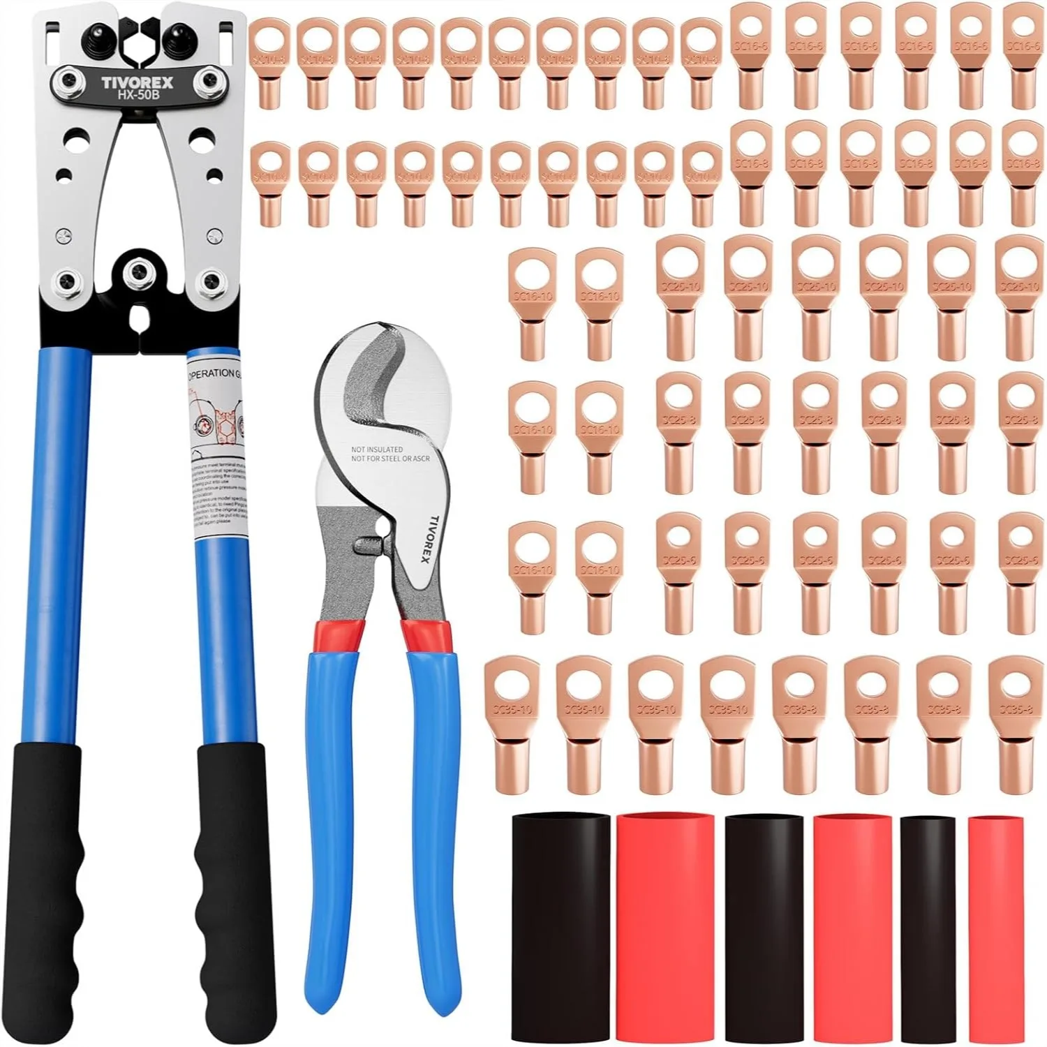 

Battery Cable Lug Crimping Tool for AWG 10-1/0 with 64pcs Ring Terminals and 70pcs Heat Shrink Tubing