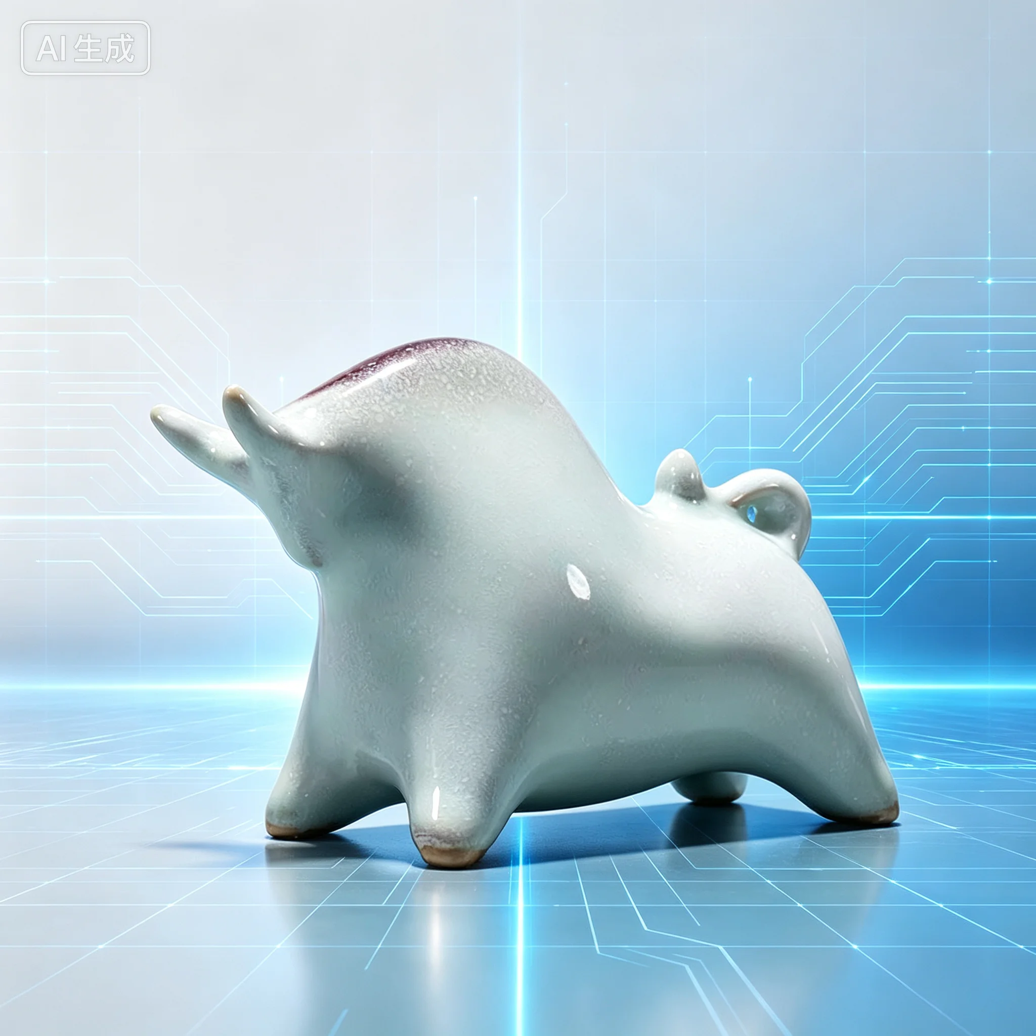 Handmade Jun Porcelain Ornament White Kiln Changed Jun Porcelain Ruyi Cattle Attracts Good Luck