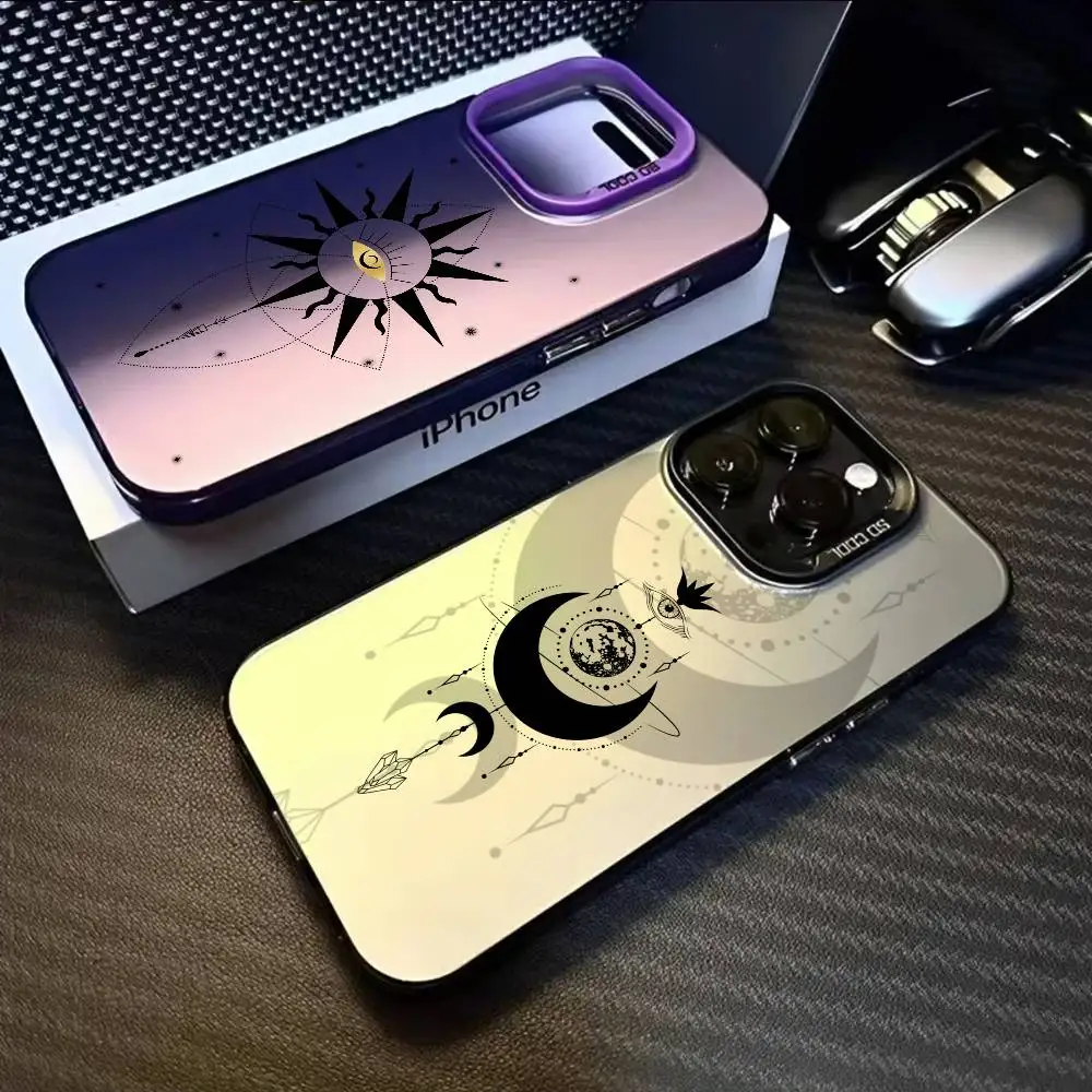 

Ins Sun Moon Stars Fashion Phone Case For IPhone 16 15 14 13 12 11 Pro Max Black Matte Multicolor Laser Metallic Aurora Funda