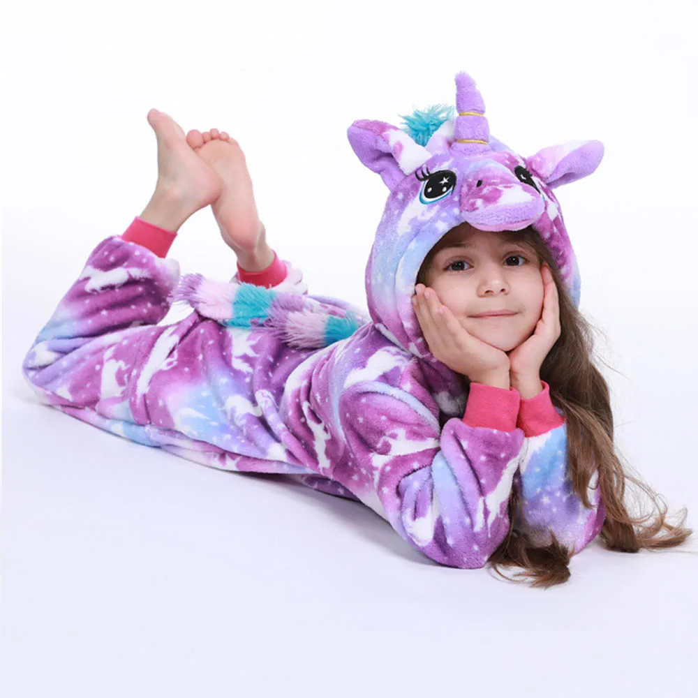 Kawaii Girls Pajamas Winter Purple Unicorn Onesie Hooded Plush Kigurumi Jumpsuit Blanket Sleeper Warm Overall Kids Nightwear Pjs