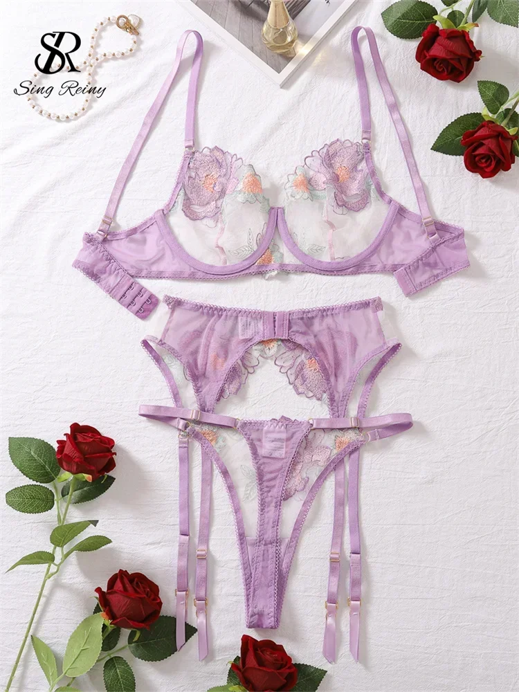 SINGREINY Set di lingerie sessuale floreale porno femminile Set di biancheria intima sexy trasparente con ricamo da donna
