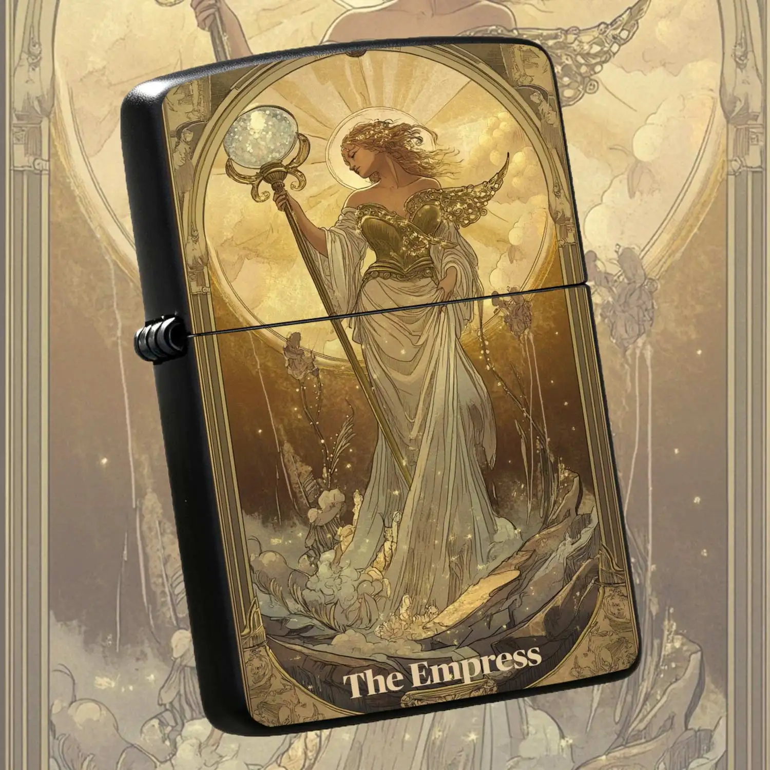 Retro Tarot The Empress Themed Flip-top Metal Windproof Lighter Reusable Portable Pocket Lighter Exquisite Art Embossed Design Creative Gift Personalized Trendy Portable Ignition Device Humorous and Fun Lighter