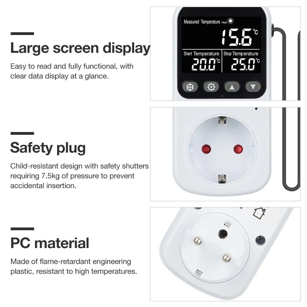 EU Plug Thermostat Socket Digital Temperature Controller Socket Outlet With Sensor Probe -40~120℃ Heating Cooling Control Switch