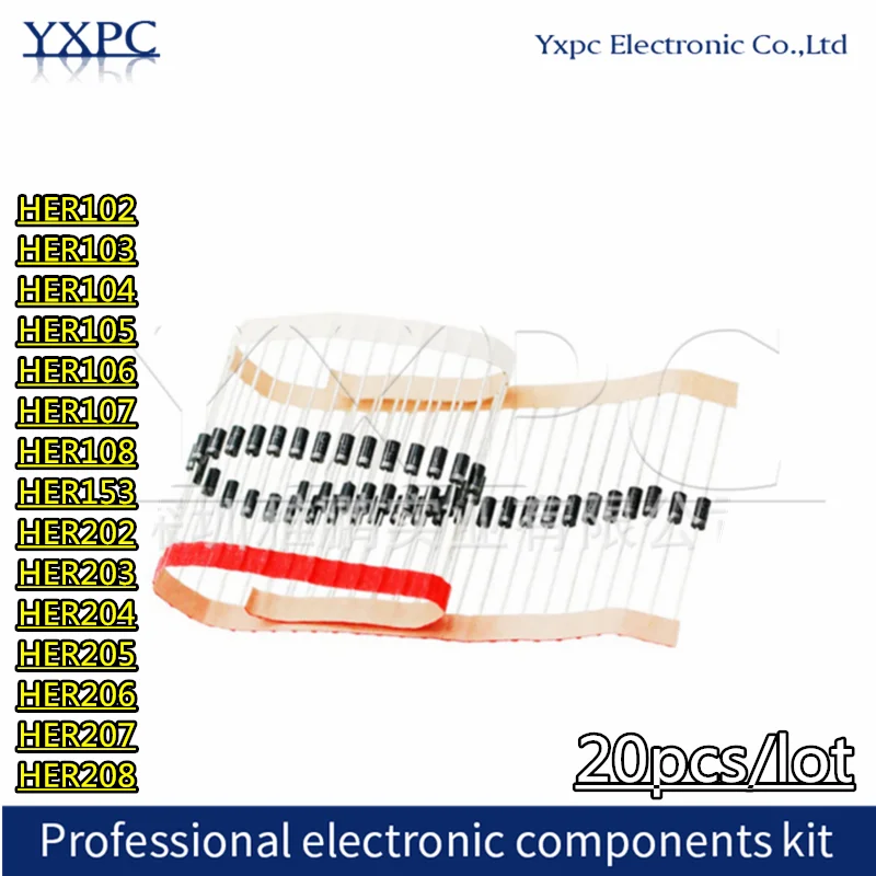 20pcs Diodes HER102 HER103 HER104 HER105 HER106 HER107 HER108 HER153 HER202 HER203 HER204 HER205 HER206 HER207 HER208 Diode