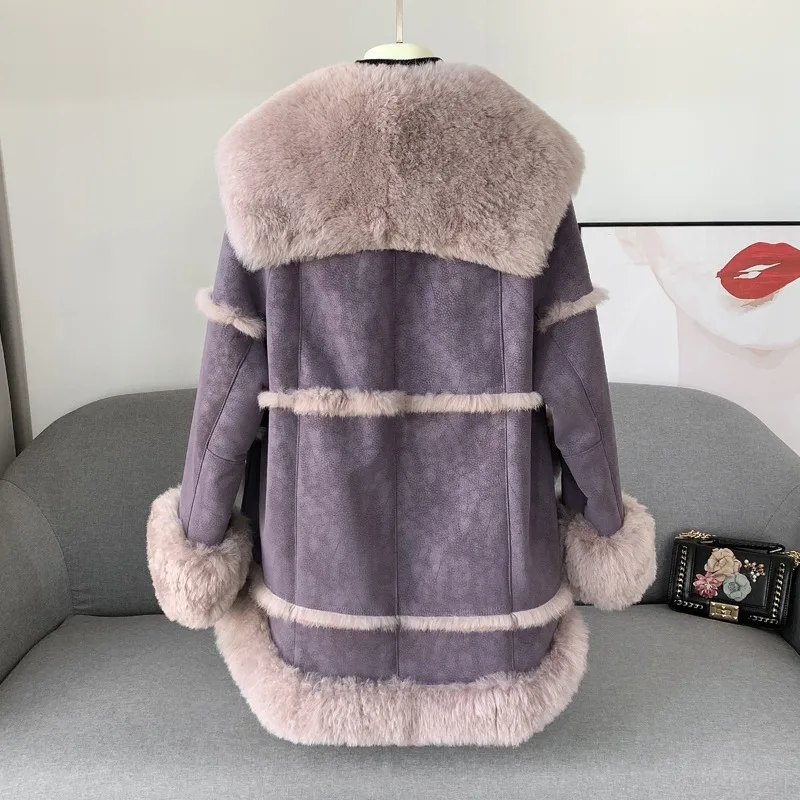 Female Girl Navy Wool Collar Real Rabbit Fur Coat Women Winter Warm Poncho Large Hem with Lining Overcoat PT402