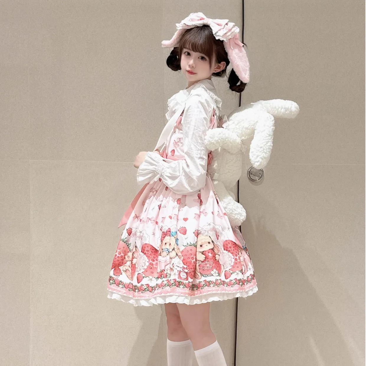 Sweet Lolita Jsk Dress Strawberry Cartoon Cute Rabbit Print Suspenders Dress Japanese Summer Women Kawaii Party Dresses