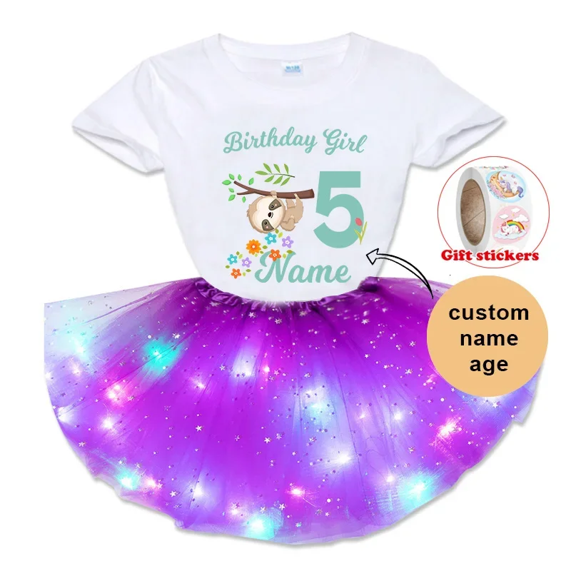 

Girls Dress Set Sloth Cartoon T Shirt 2024 Girl Kids Dress 3PC Kids Short Sleeved T-shirt+Stars Shine Skirt+Children's Stickers