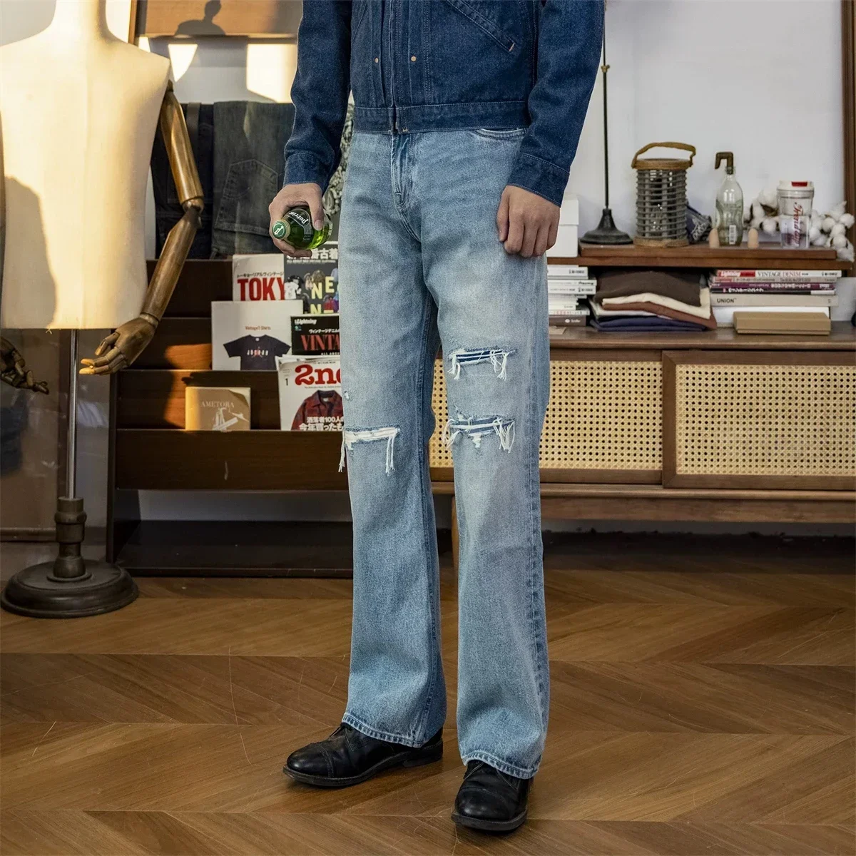 

Red Tornado Men's Ripped Boot Cut Jeans Light Wash Slight Bell Bottom Denim Pants