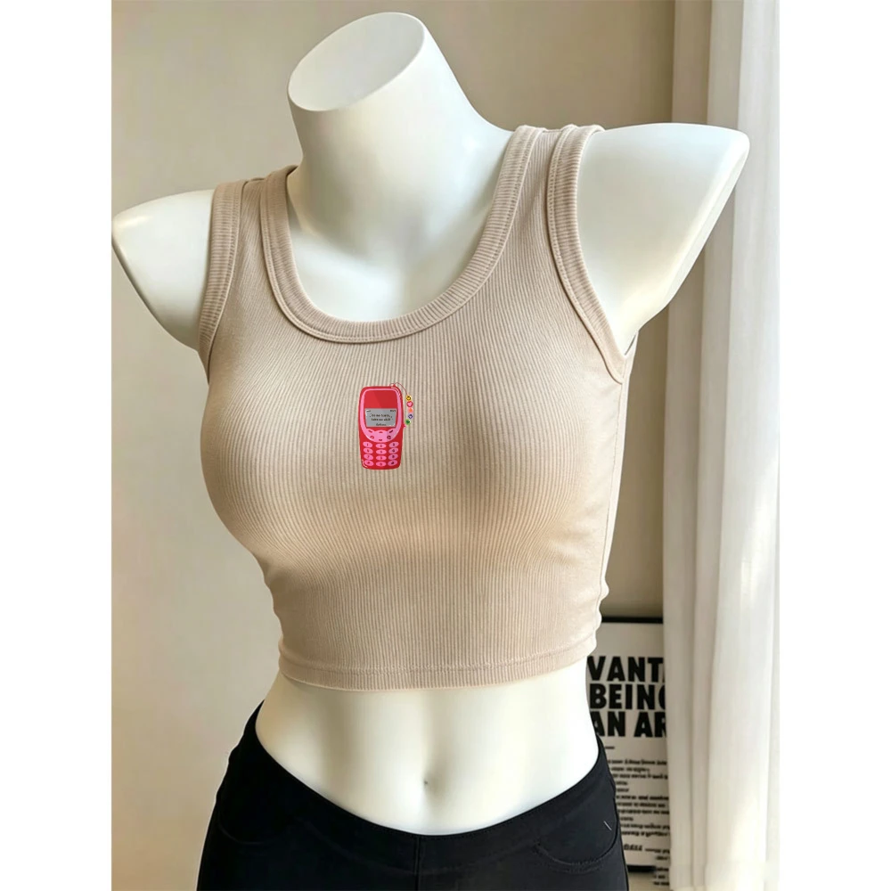 Vintage Flip Mobile Phone Hand Drawn Graffiti Y2K Camisole Ribbed Tank Tops Bodycon Crop Top Sleeveless Cropped Tank Cami Vest