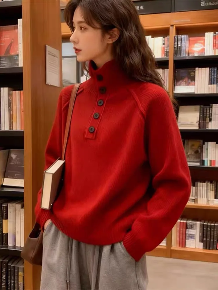 100% suéter de lana pura para mujer 2025 Otoño/Invierno nuevo jersey de punto de cuello alto moda coreana Top suelto suéter suave y cómodo