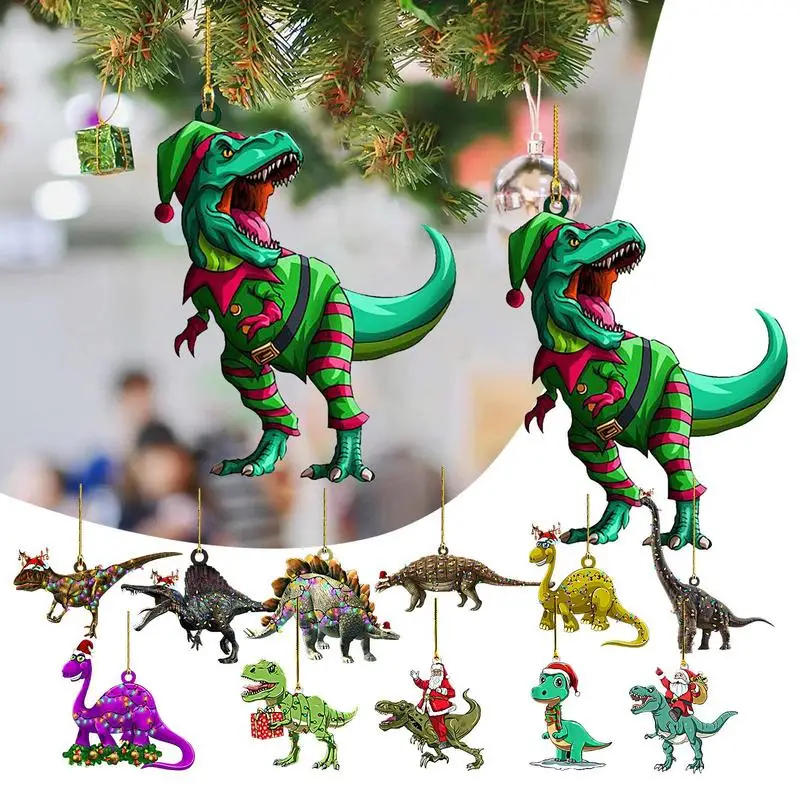 Funny Acrylic Dinosaur Christmas Tree Ornament With Rope Animal Pendant For Xmas Tree Decor Festival Ornament For Animal Lovers