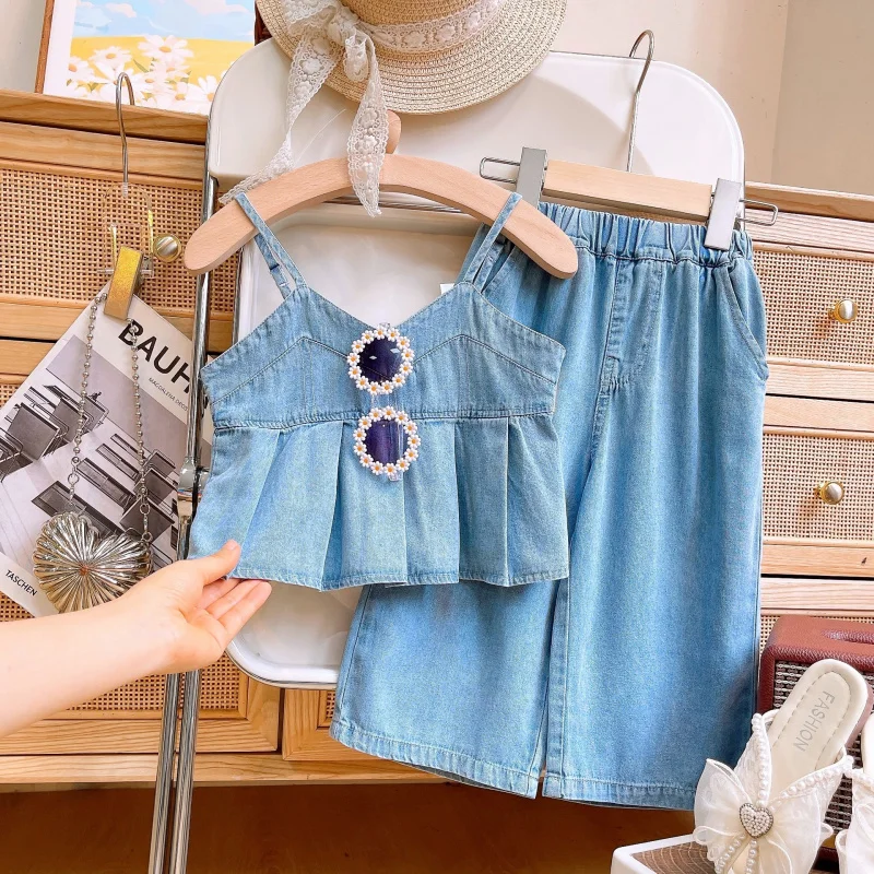 

036 New Girls' Summer Suits Fashion Baby Girl Denim Suspender Top plus Wide Leg Pants Two-Piece Set Cute
