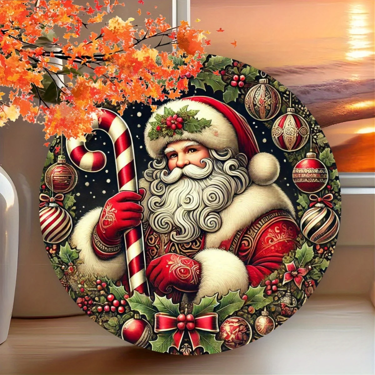 مجموعة فنية لإكليل علامة معدنية مستديرة من سانتا كلوز مكونة من 1، ديكور جداري لعطلة عيد الميلاد الحديدي، عمل فني من القصدير متعدد الاستخدامات للمنزل، البار، Restau