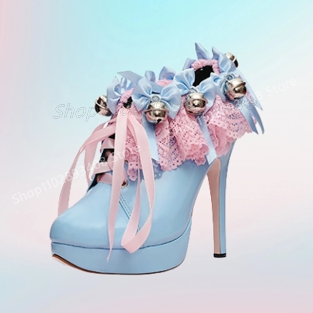 

Baby Blue Lace Butterfly Knot Bell Decor Pumps Cosplay Performance Dance Stiletto High Heel Women Shoes 2025 Hot Para Mujere