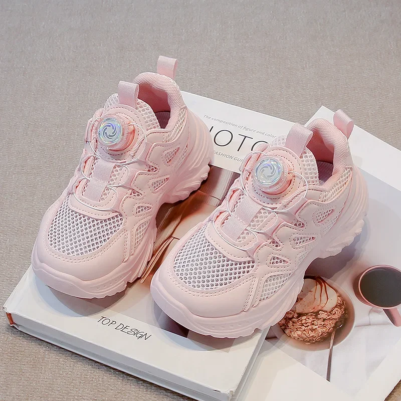 Kids Running Shoes Rotating Button Children Sports Shoes Mesh Breathable 2026 Brand New Children Sneakers Thick Comfortable