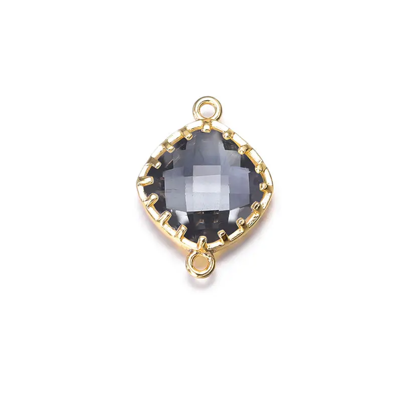 골드 컬러 도금 황동, 다채로운 유리 비즈, 스퀘어 커넥트 참 액세서리, 2 홀, 13x8mm 하이 퀄리티, 18K, 4 개