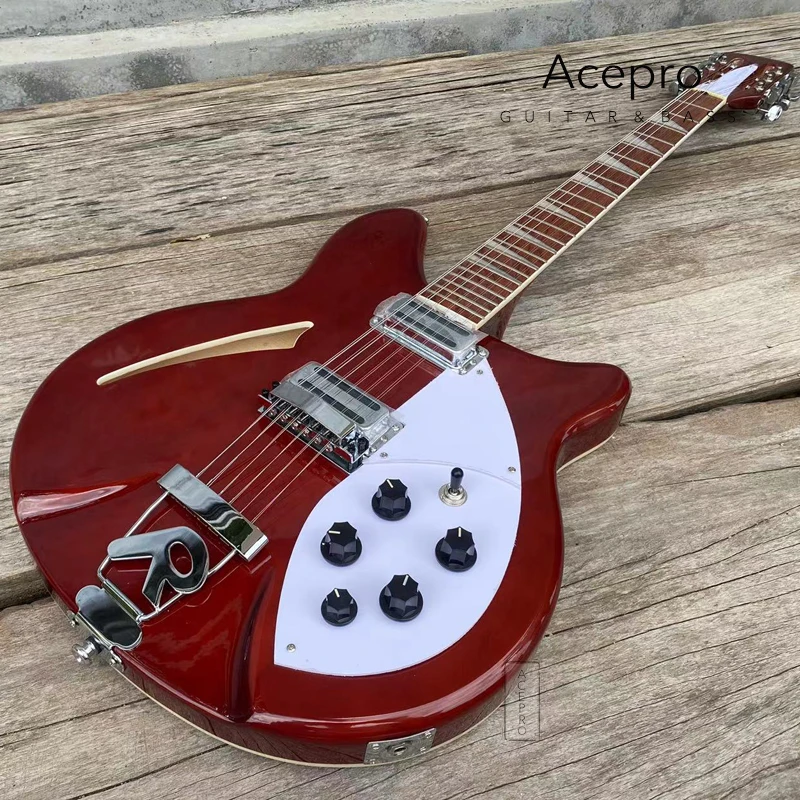 Gitar listrik Semi Hollow 12 senar warna merah anggur, bagian belakang berbentuk R, papan jari Rosewood, gitar kualitas tinggi