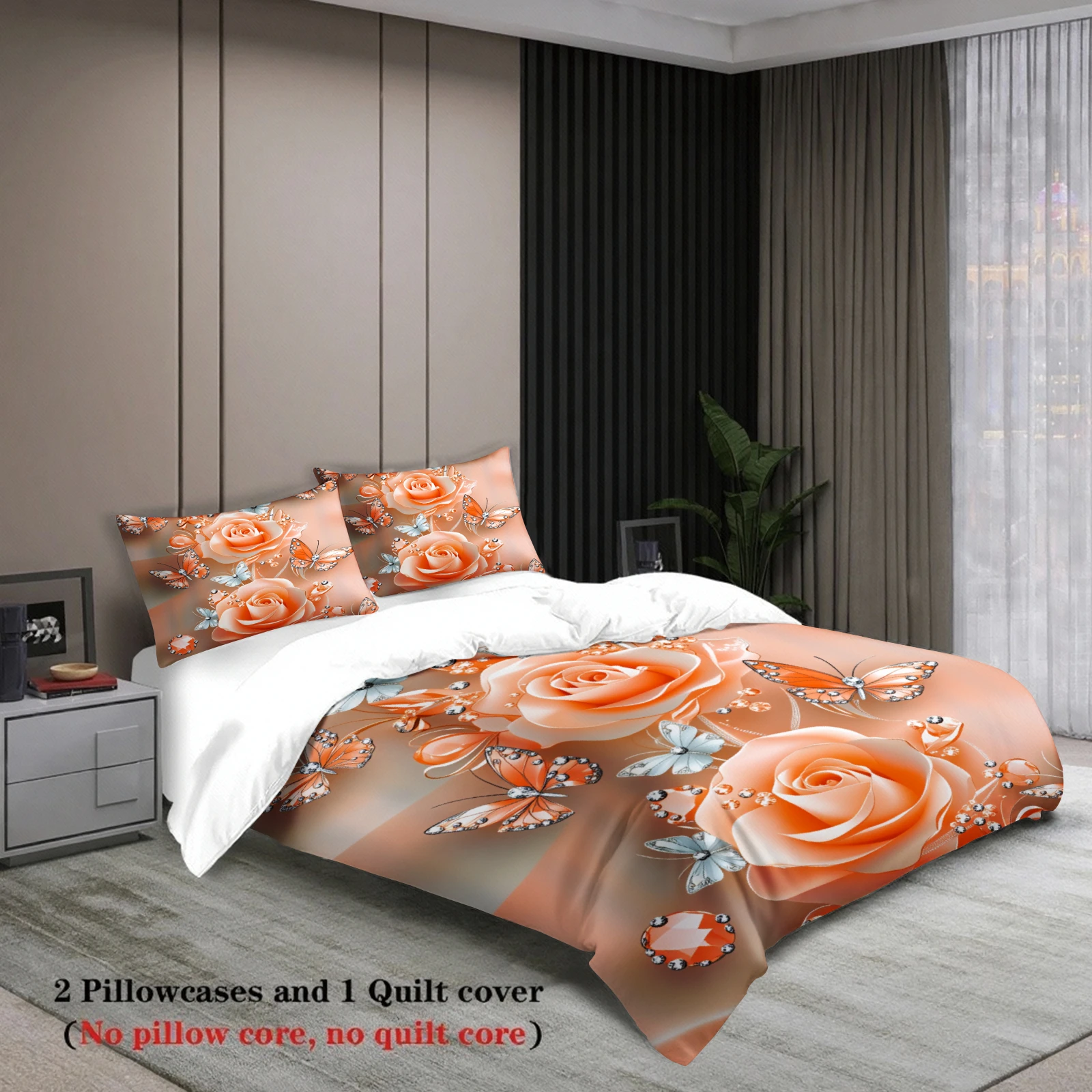 Rose And Butterfly Printed Bedding Set Peach Color Floral Design With Duvet Cover & Pillowcases For Bedroom Decor