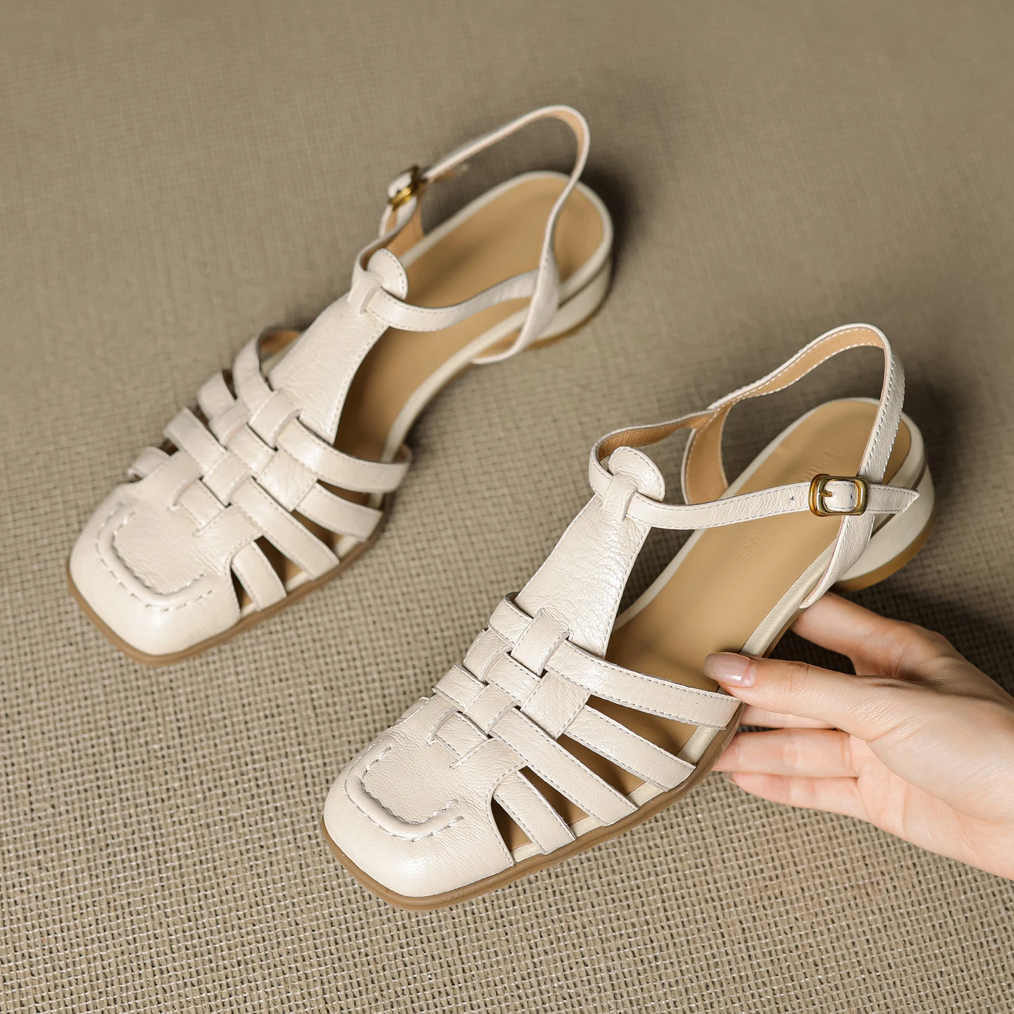 2026 new summer women sandals natural leather 22-25cm weave sheepskin+piigskin square toe ankle buckle women shoes fashion